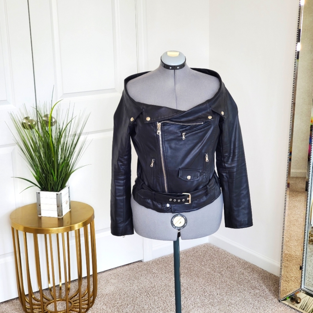 Fashion Nova Faux Leather Biker Off Shoulder Jacket XL Black